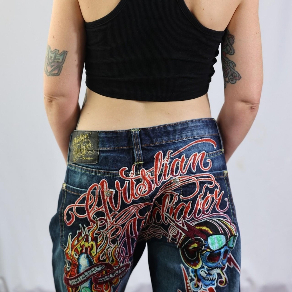 Christian Audigier blue skull Embroidered Jeans Ed Hardy